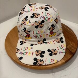 Vintage Disney Painter Cap Men White I Love Mickey Hat All Over Print VTG 90s
